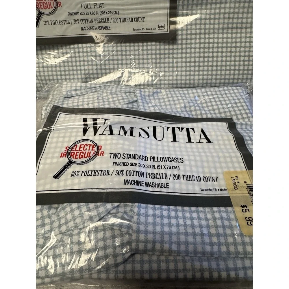 VTG Wamsutta Supercale Plus Full Flat Sheet‎ 2 Pillowcases BLUE Gingham Sealed